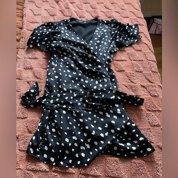 Vici Black Polka Dot Satin Wrap Dress - Picture 2 of 5